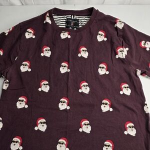 Denim & Flower Santa Print Maroon Men's Shirt Size Large Christmas CH2132